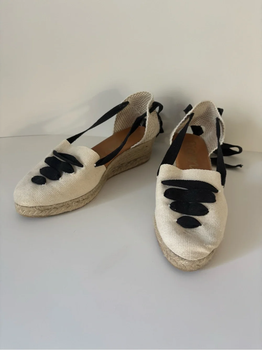 Picon Cream Espadrille Wedge Flats with Black Ribbon Detail